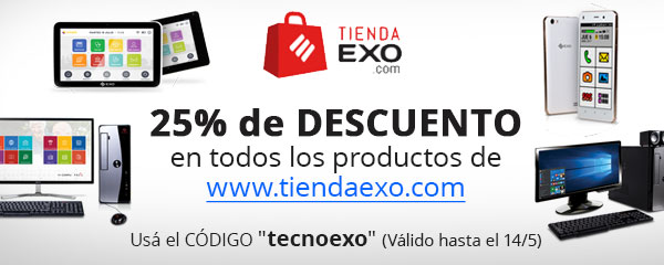 Descuento del 25%, en la tienda online www.tiendaexo.com con el código “tecnoexo”, hasta el 14 de Mayo de 2018.